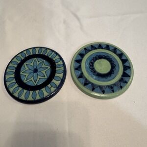 Pair of Pier One Ceramic Coasters‎ Vibrant Blues Green Star Round Set Of 2 Boho